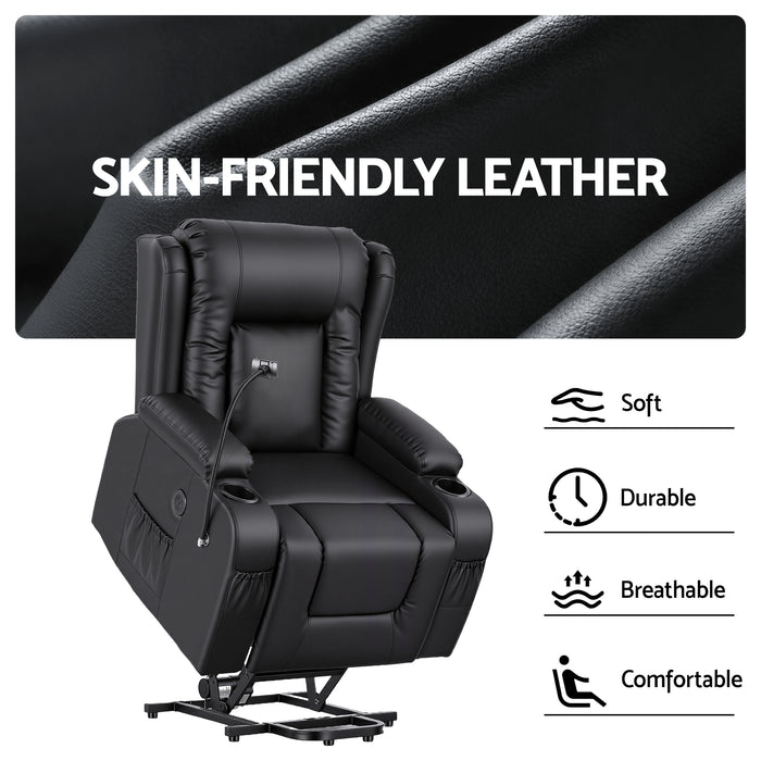 Power Lift Recliner Chair with Massage and Heat for Elderly, Electric Sofa Reclining Chair with USB and Phone Holder, PU Leather Comfy Armchair for Living Room, 2 Cup Holder & 4 Pockets, Black