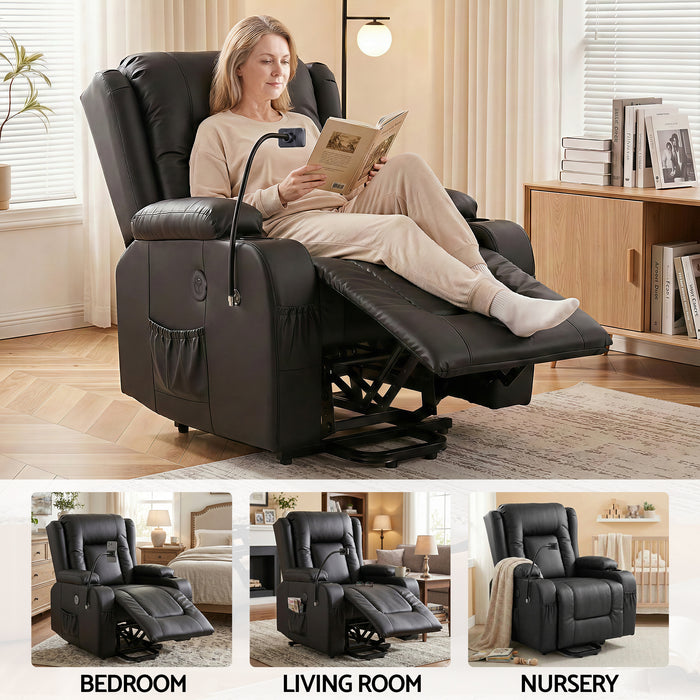Power Lift Recliner Chair with Massage and Heat for Elderly, Electric Sofa Reclining Chair with USB and Phone Holder, PU Leather Comfy Armchair for Living Room, 2 Cup Holder & 4 Pockets, Black