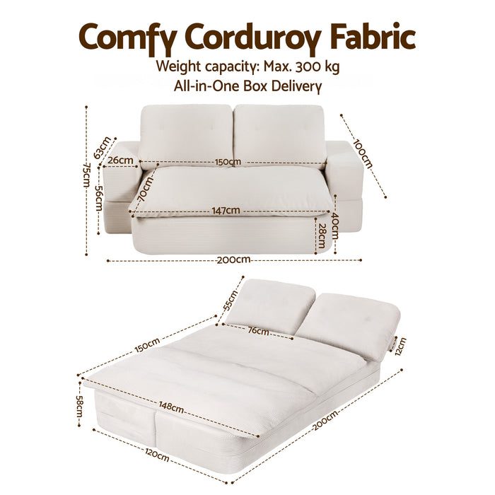Convertible Folding Sofa Bed 30D High-Density Foam Boneless Couch with Corduroy Sleeper Couch Lounger for Living Room Beign