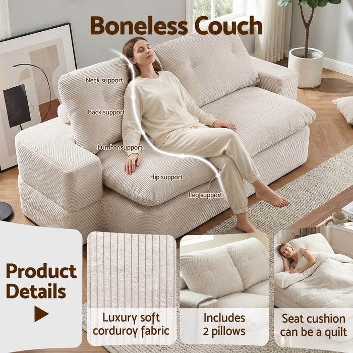 Convertible Folding Sofa Bed 30D High-Density Foam Boneless Couch with Corduroy Sleeper Couch Lounger for Living Room Beign
