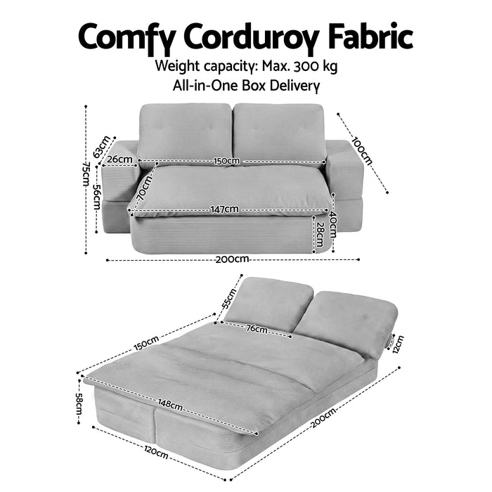 Convertible Folding Sofa Bed 30D High-Density Foam Boneless Couch with Corduroy Sleeper Couch Lounger for Living Room Grey