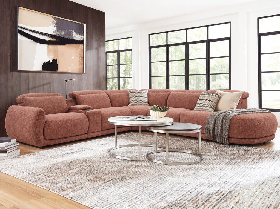Valentina 5 Seater Fabric Electric Chaise in Ochre, right hand facing chaise