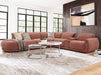 Valentina 5 Seater Fabric Electric Chaise in Ochre, left hand facing chaise