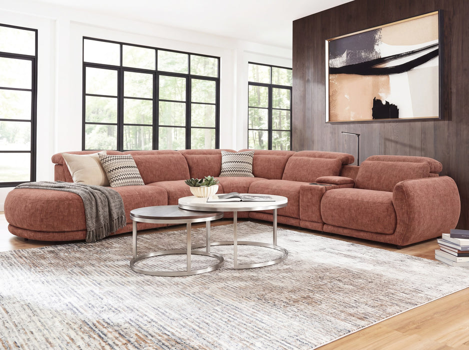 Valentina 5 Seater Fabric Electric Chaise in Ochre, left hand facing chaise