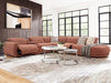 Valentina 5 Seater Fabric Electric Chaise in Ochre, right hand facing, recliner extended