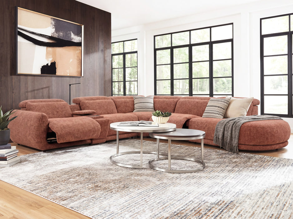 Valentina 5 Seater Fabric Electric Chaise in Ochre, right hand facing, recliner extended