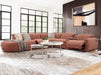 Valentina 5 Seater Fabric Electric Chaise in Ochre, left hand facing, recliner extended