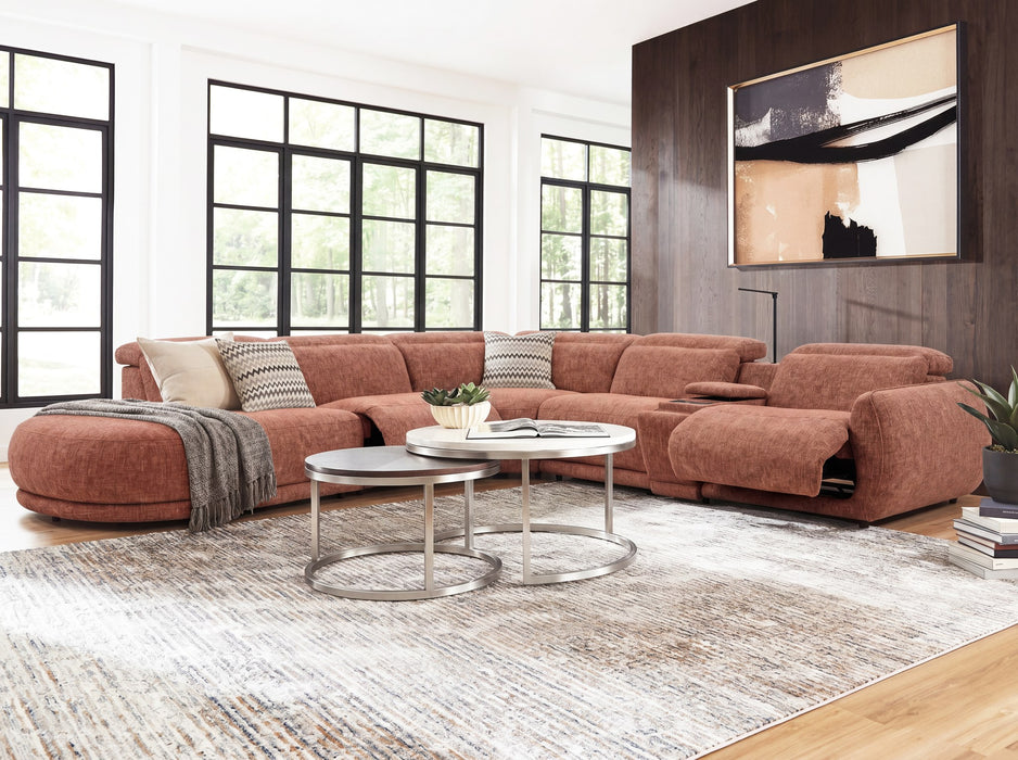 Valentina 5 Seater Fabric Electric Chaise in Ochre, left hand facing, recliner extended