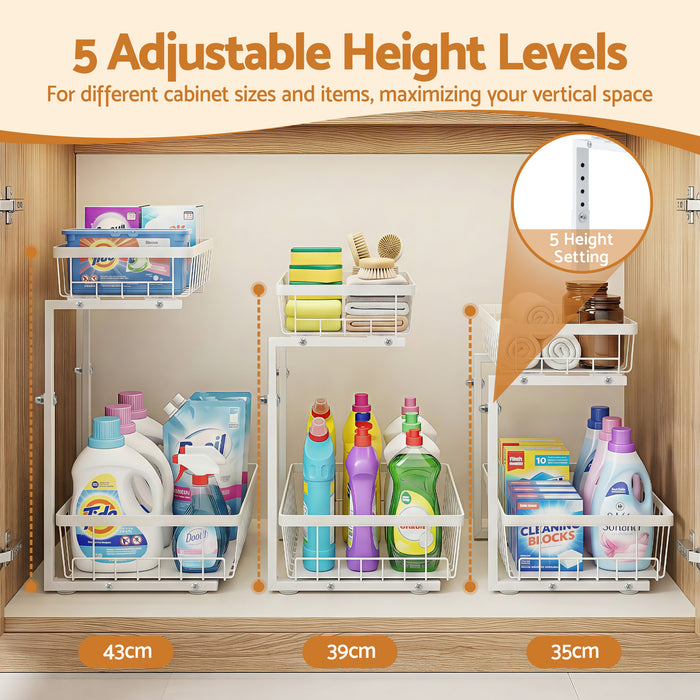 Under Sink Organizer Storage with 2 Slide Out Drawers 5 Adjustable Height Bathroom Kitchen Cabinet