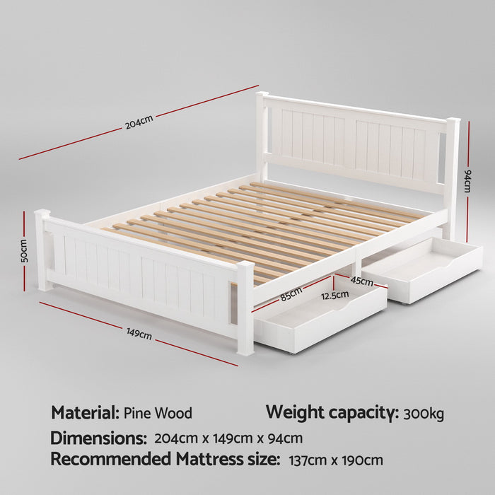 Bed Frame Double Size Wooden Platform with 2 Storage Drawers White RIO