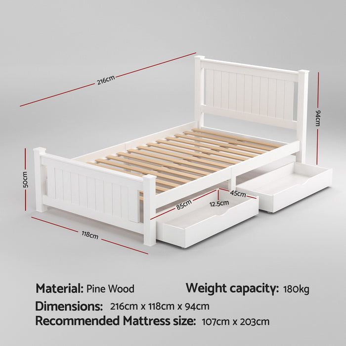 Bed Frame King Single Size Wooden Platform with 2 Storage Drawers White RIO