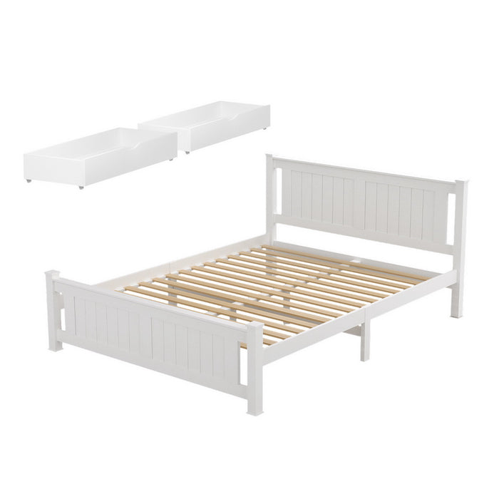 Bed Frame Queen Size Wooden Platform with 2 Storage Drawers White RIO