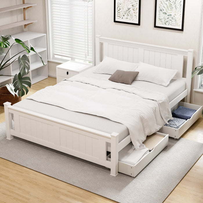 Bed Frame Queen Size Wooden Platform with 2 Storage Drawers White RIO