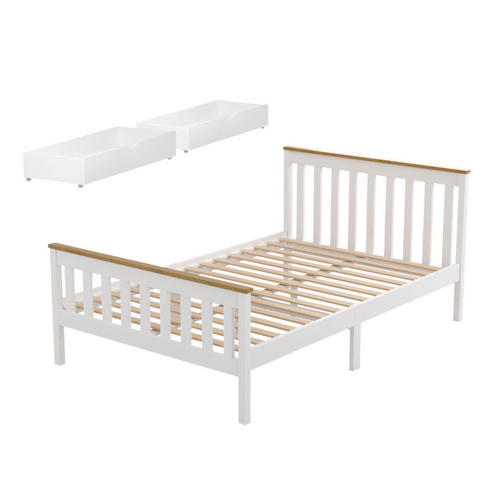 Bed Frame Double Size Wooden Platform with 2 Storage Drawers White PONY
