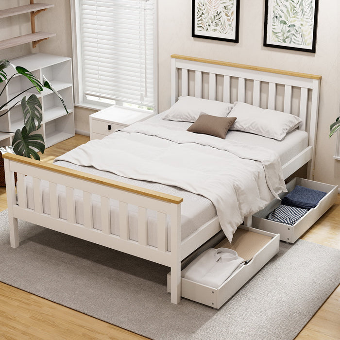 Bed Frame Double Size Wooden Platform with 2 Storage Drawers White PONY