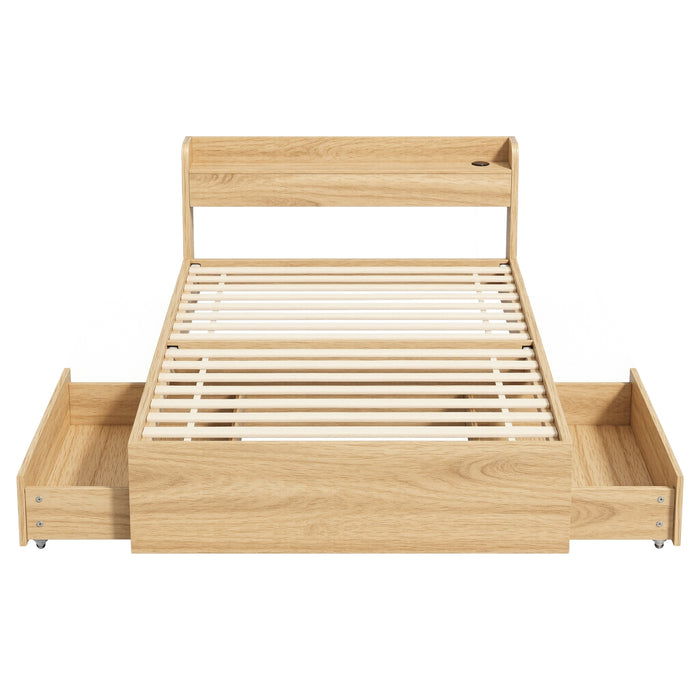 Single Bed Frame with 2 Storage Drawers Platform Bed Base with USB Ports Sturdy Wooden Slat Support Natural