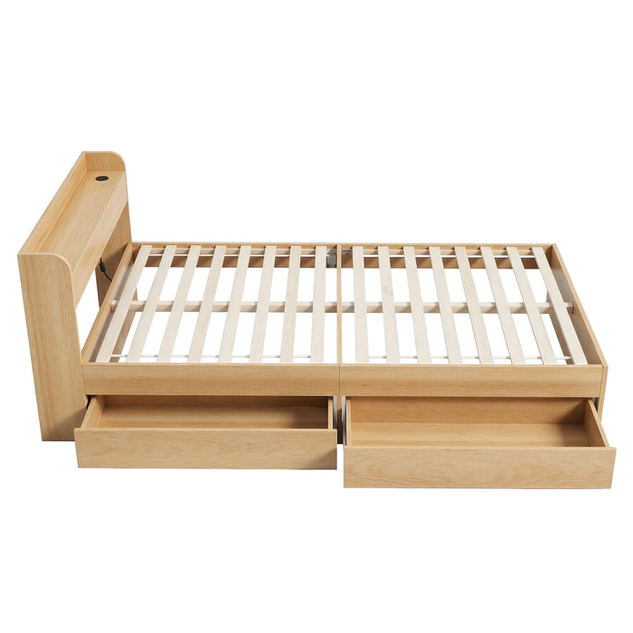 Single Bed Frame with 2 Storage Drawers Platform Bed Base with USB Ports Sturdy Wooden Slat Support Natural