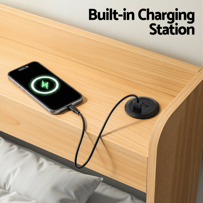 Single Bed Frame with 2 Storage Drawers Platform Bed Base with USB Ports Sturdy Wooden Slat Support Natural