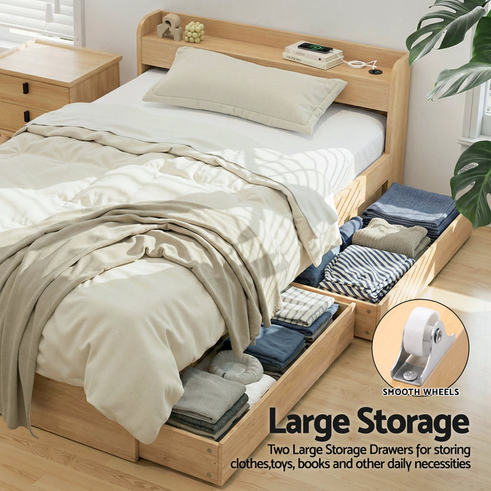 Single Bed Frame with 2 Storage Drawers Platform Bed Base with USB Ports Sturdy Wooden Slat Support Natural
