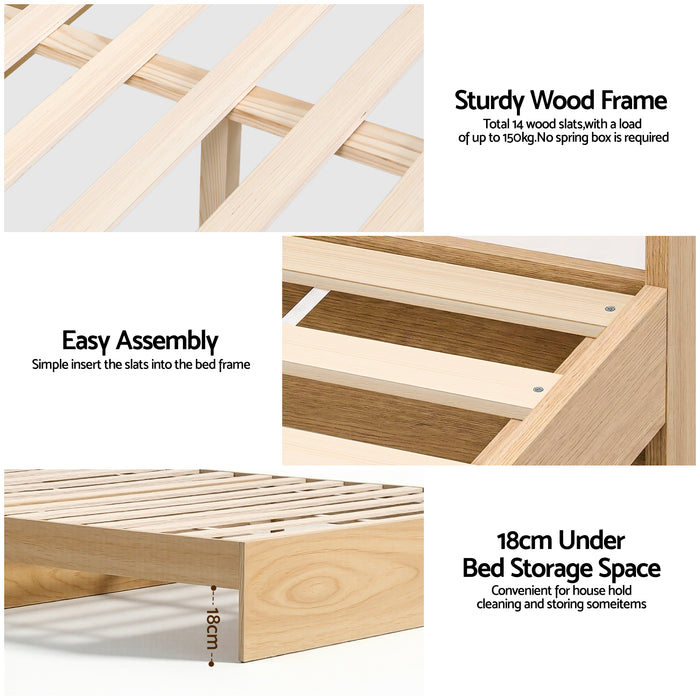 Single Bed Frame with 2 Storage Drawers Platform Bed Base with USB Ports Sturdy Wooden Slat Support Natural