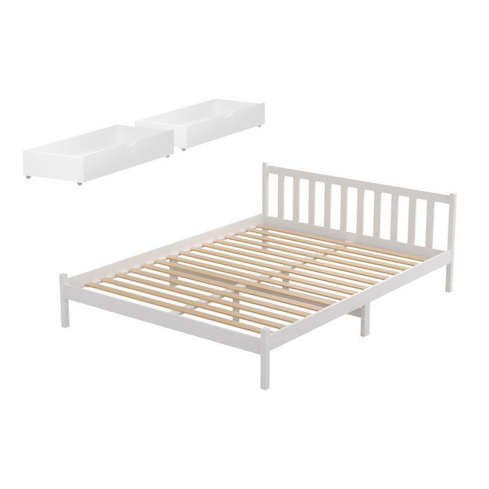 Bed Frame Double Size Wooden Platform with 2 Storage Drawers White SOFIE