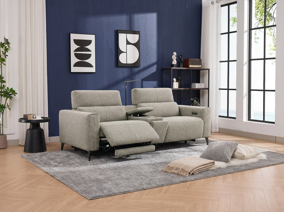 Denzel 2 Seater Fabric Electric Home Theatre Lounge in Earth, recliner extended