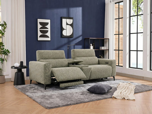 Denzel 2 Seater Fabric Electric Home Theatre Lounge in Sage, recliner extended
