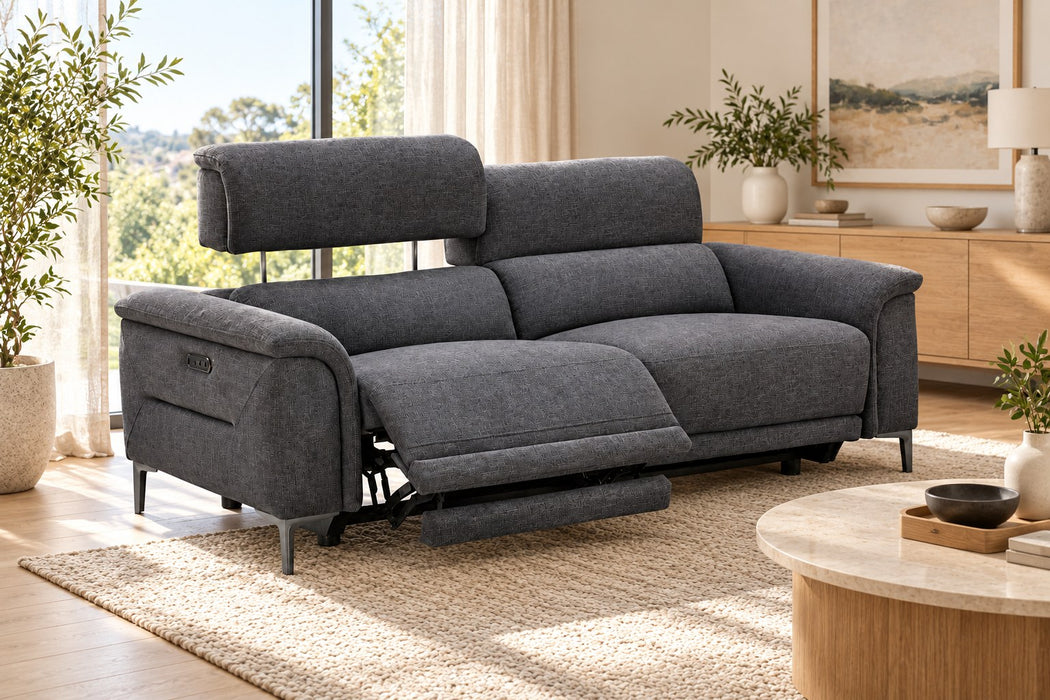 Kobe 2.5 Seater Fabric Electric Recliner Lounge in Pewter, with one seat reclined