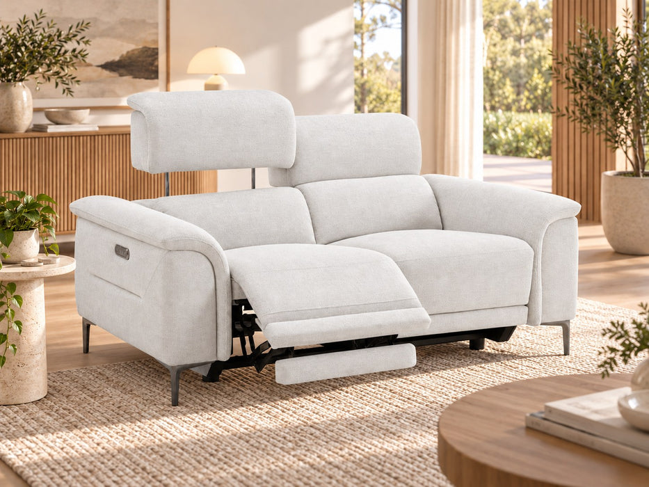 Kobe 2 Seater Fabric Electric Recliner Lounge in Ivory, with one seat reclined