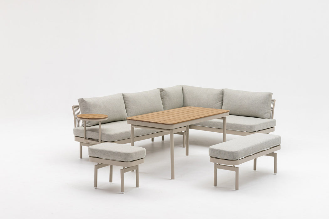 Lumi 6 Piece Outdoor Lounge Set, sofas set as a corner with table, side table and stools