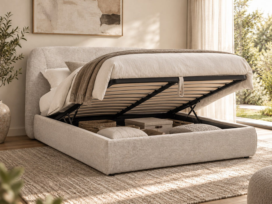 Matilda Fabric Storage Lift Bed with lift-up storage open