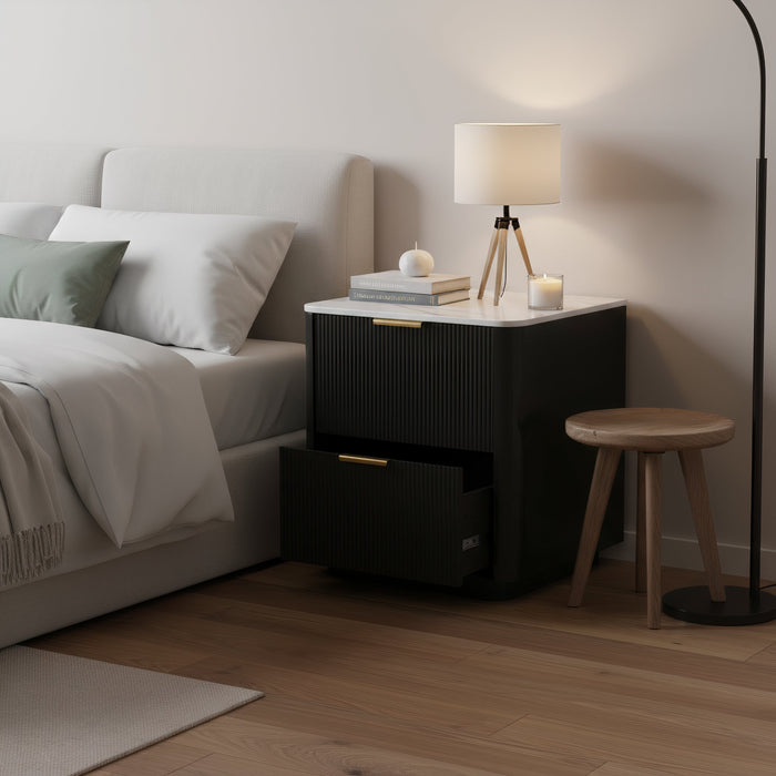 Naurel 3 Piece Package in Black: Naurel Bedside with drawer open