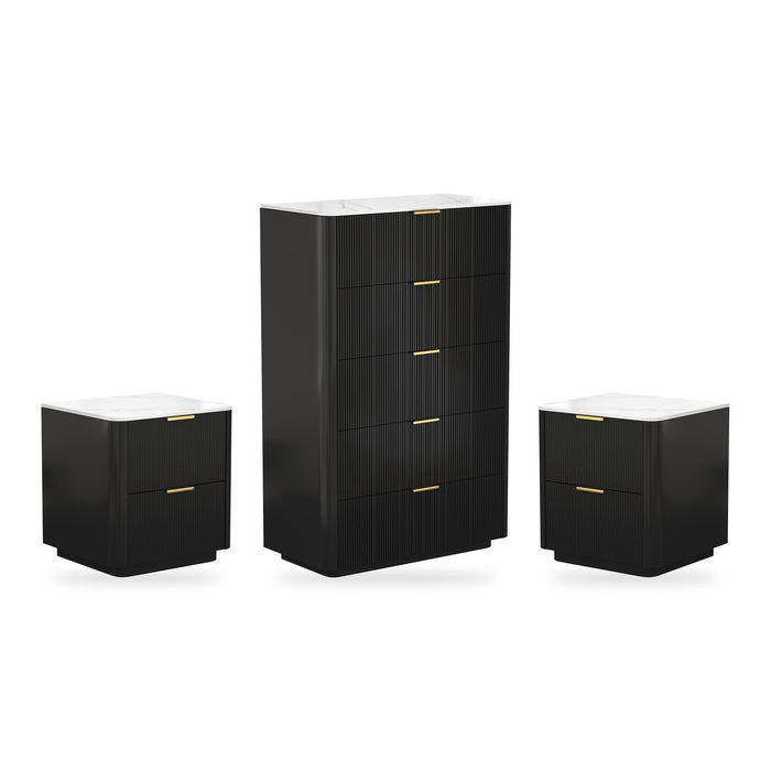 Naurel 3 Piece Package in Black: two Naurel Bedsides and a Naurel Tallboy