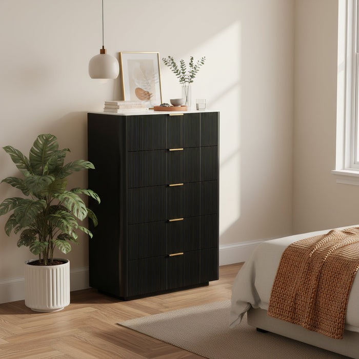 Naurel 3 Piece Package in Black: Naurel Tallboy beside the bed