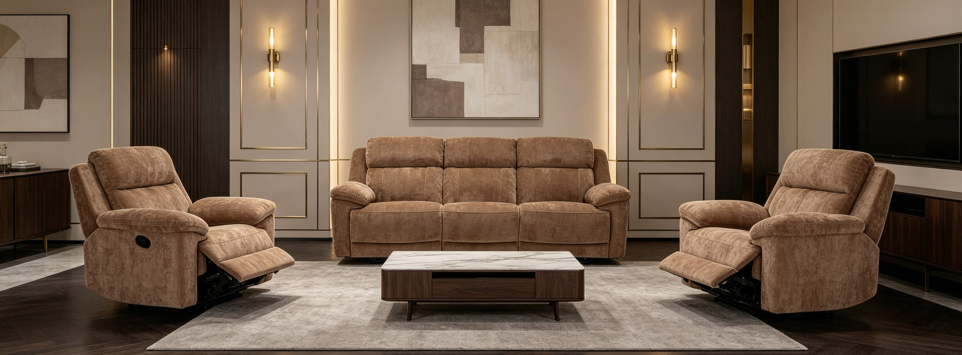 Shamala Fabric Recliner Lounge in Brown, 3+1+1 suite