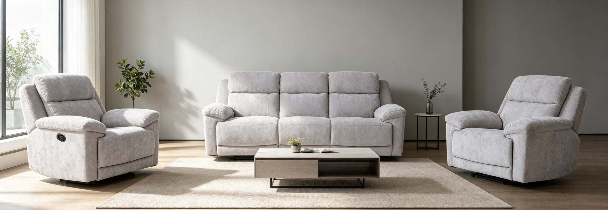 Shamala Fabric Recliner Lounge in Light Grey, 3+1+1 suite