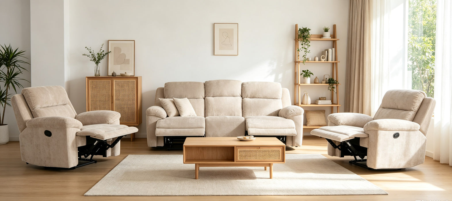 Shamala Fabric Recliner Lounge in Latte, 3+1+1 suite