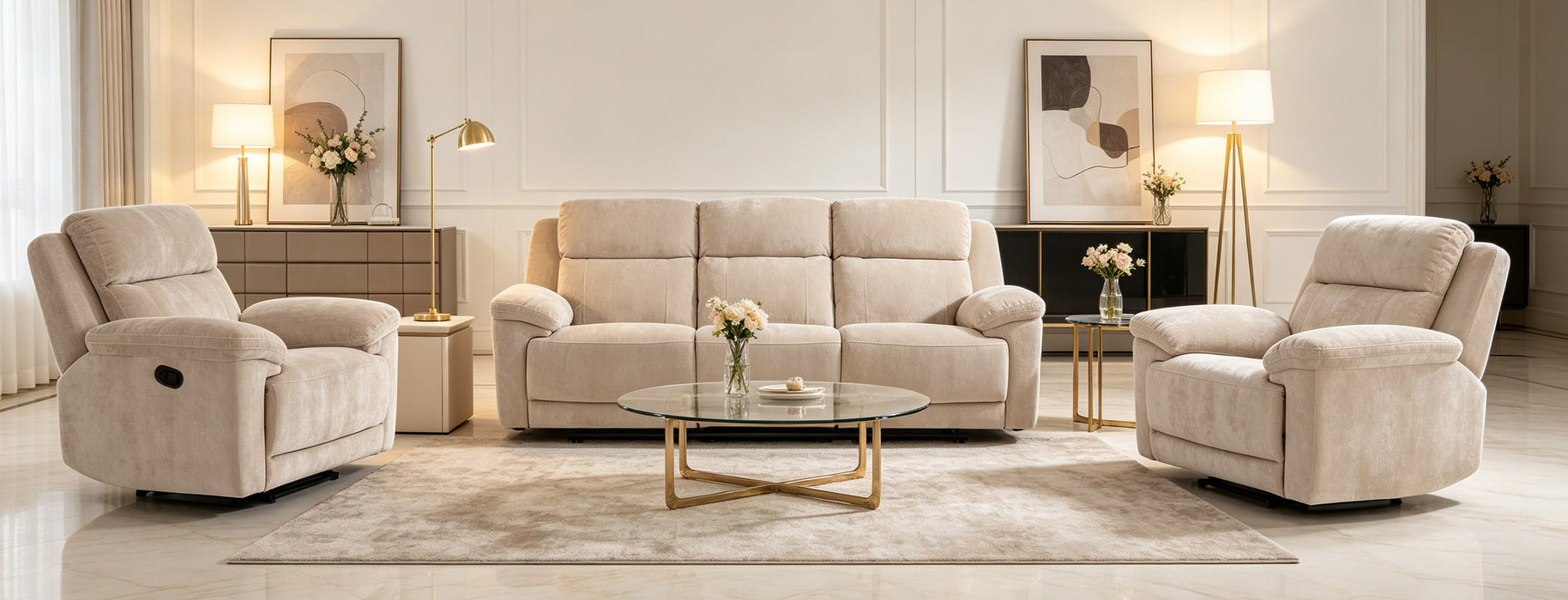 Shamala Fabric Recliner Lounge in Latte, 3+1+1 suite