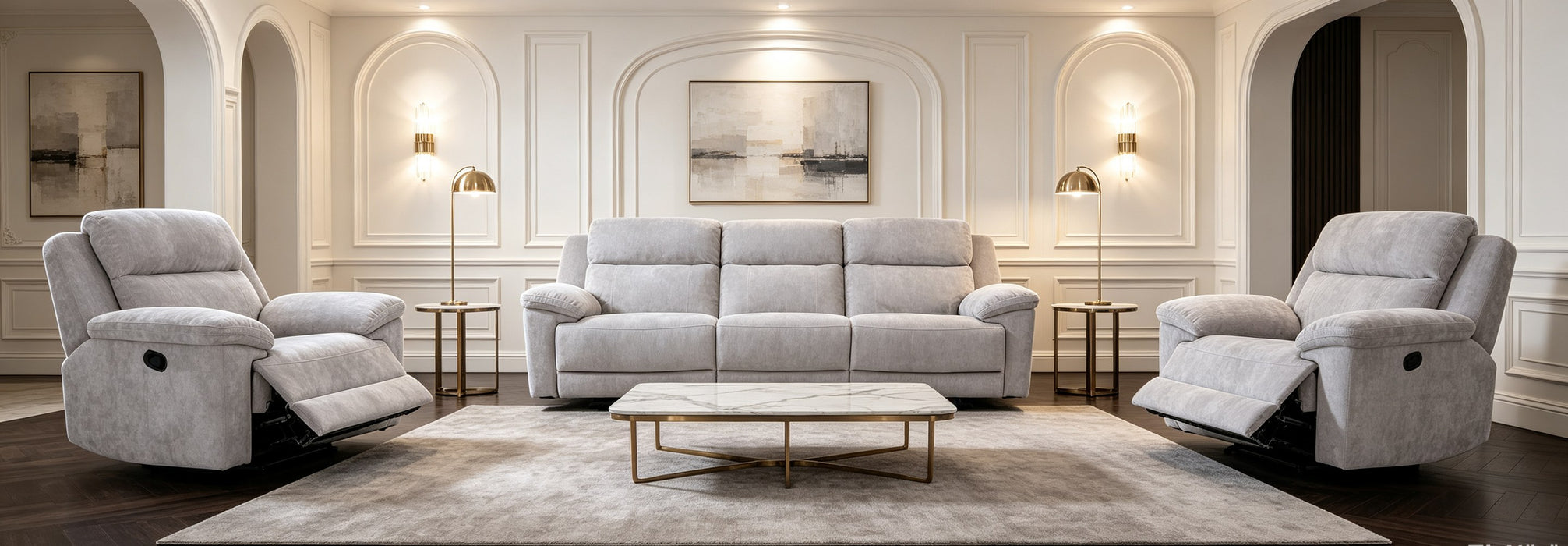 Shamala Fabric Recliner Lounge in Light Grey, 3+1+1 suite