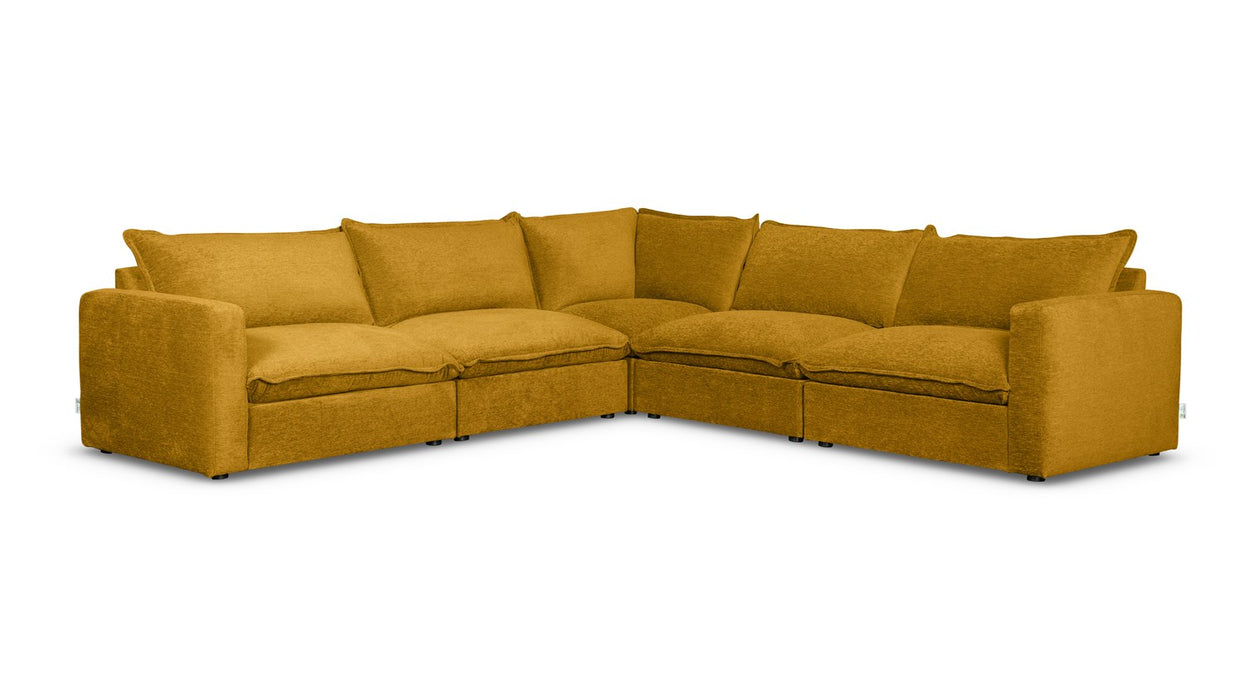 Vegas 5 Seater Fabric Corner Modular & Ottoman in Honey, angled view