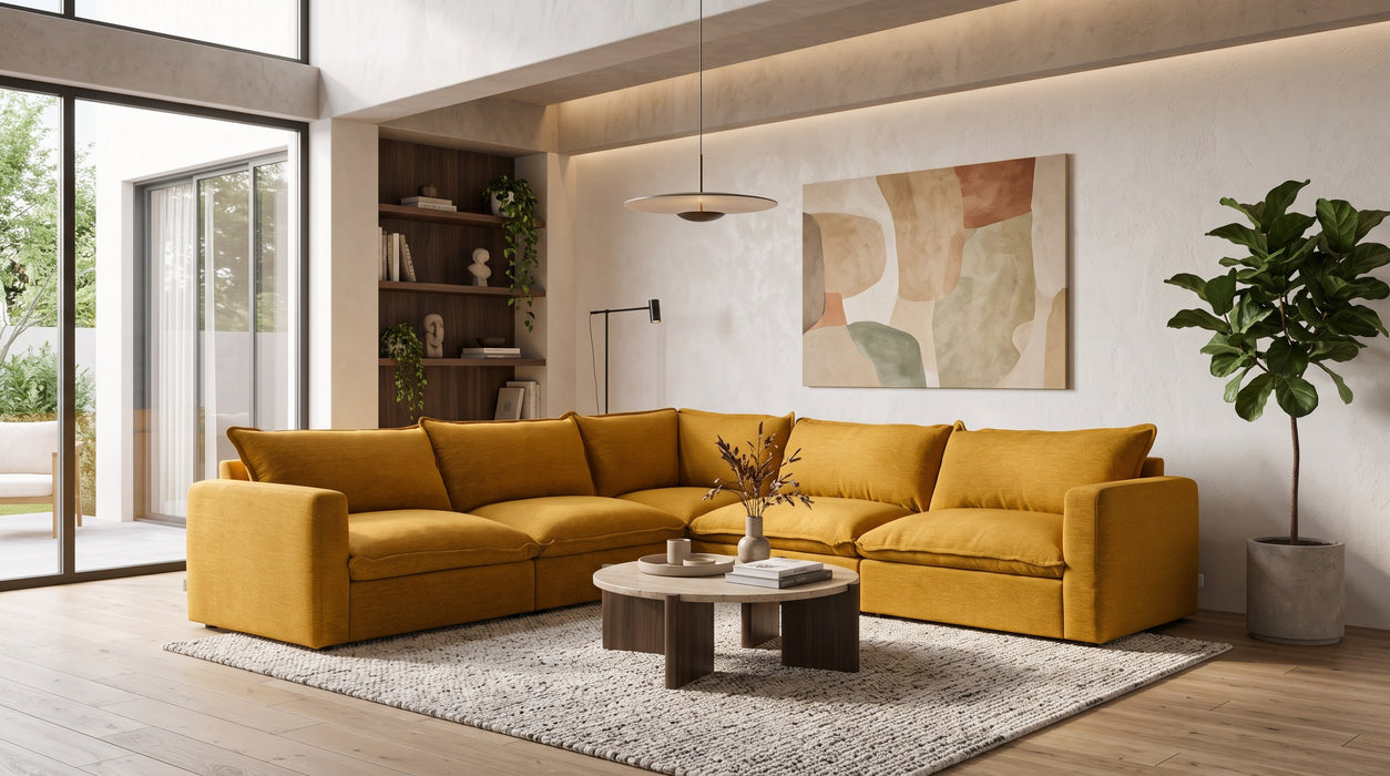 Vegas 5 Seater Fabric Corner Modular & Ottoman in Honey, in a living room