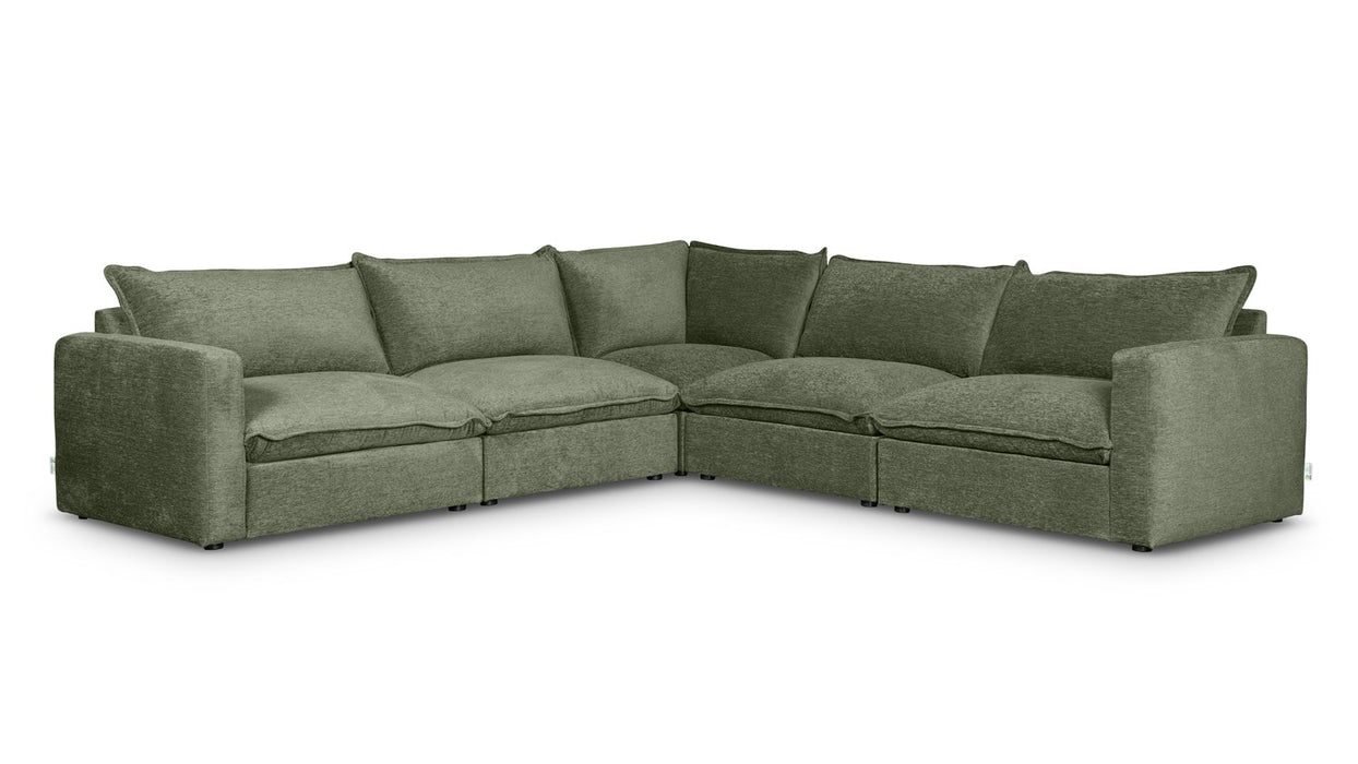 Vegas 5 Seater Fabric Corner Modular & Ottoman in Loden, angled view