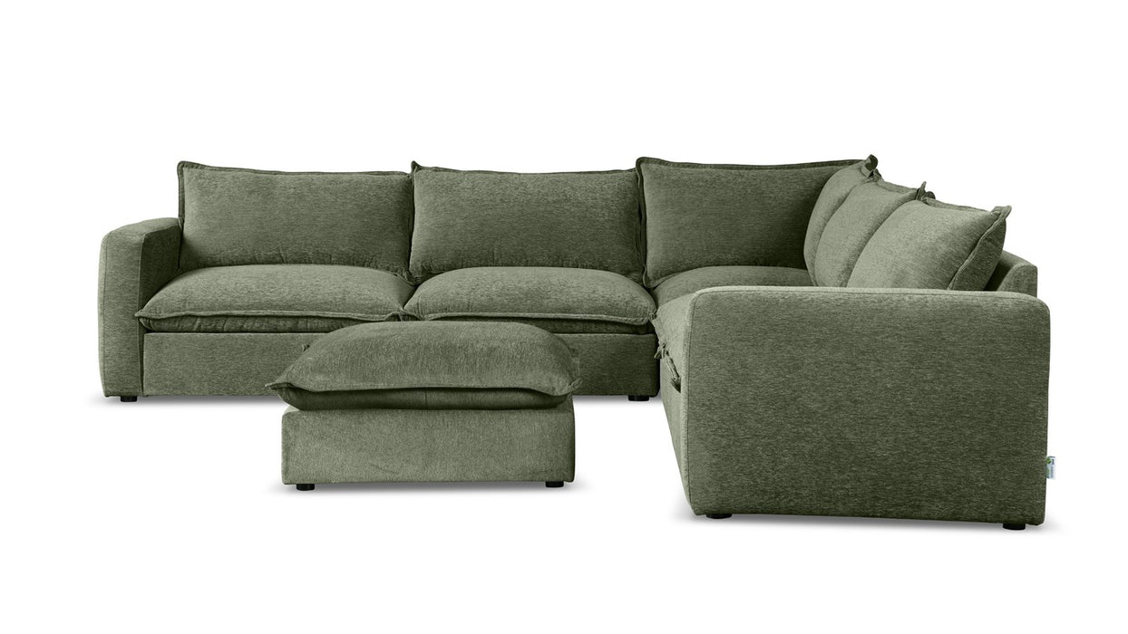 Vegas 5 Seater Fabric Corner Modular & Ottoman in Loden, with ottoman