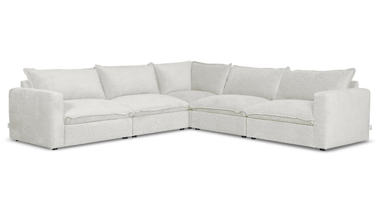 Vegas 5 Seater Fabric Corner Modular & Ottoman in Sand, angled view