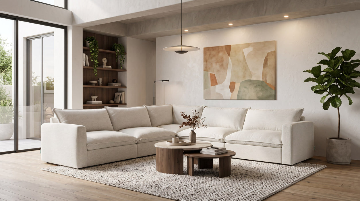 Vegas 5 Seater Fabric Corner Modular & Ottoman in Sand, in a living room