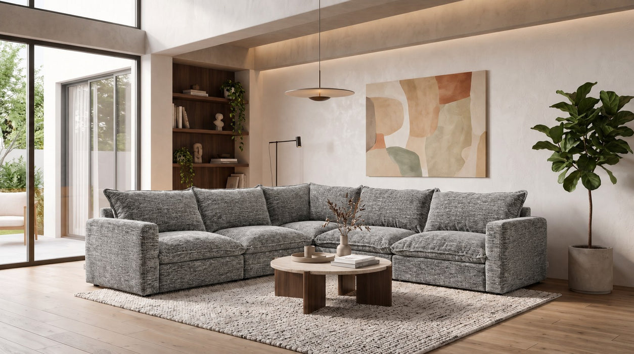 Vegas 5 Seater Fabric Corner Modular & Ottoman in Shadow, in a living room