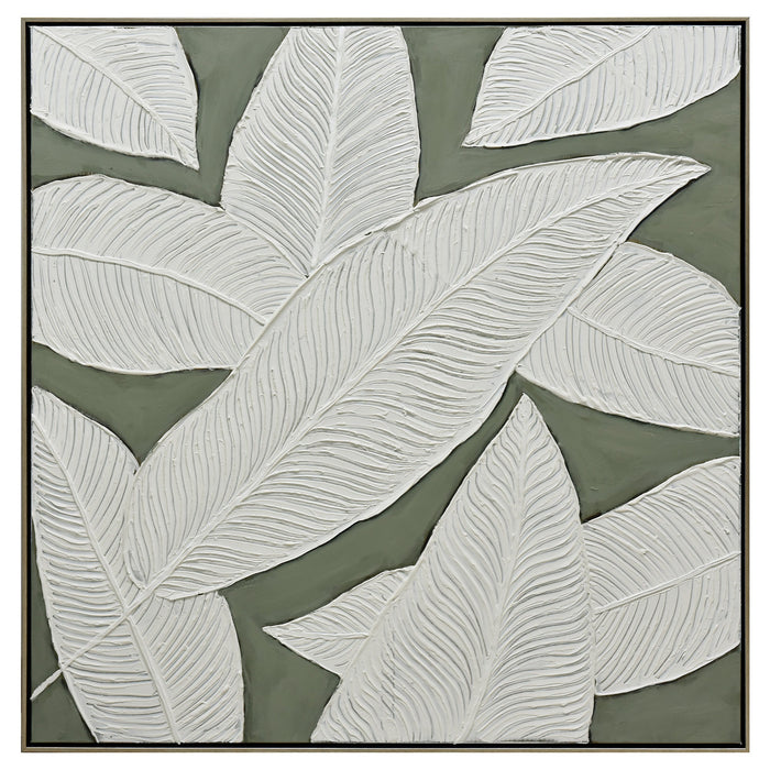 100X100cm Emerald Oasis: Leaves of Serenity Champagne Framed Hand Painted Canvas Wall Art